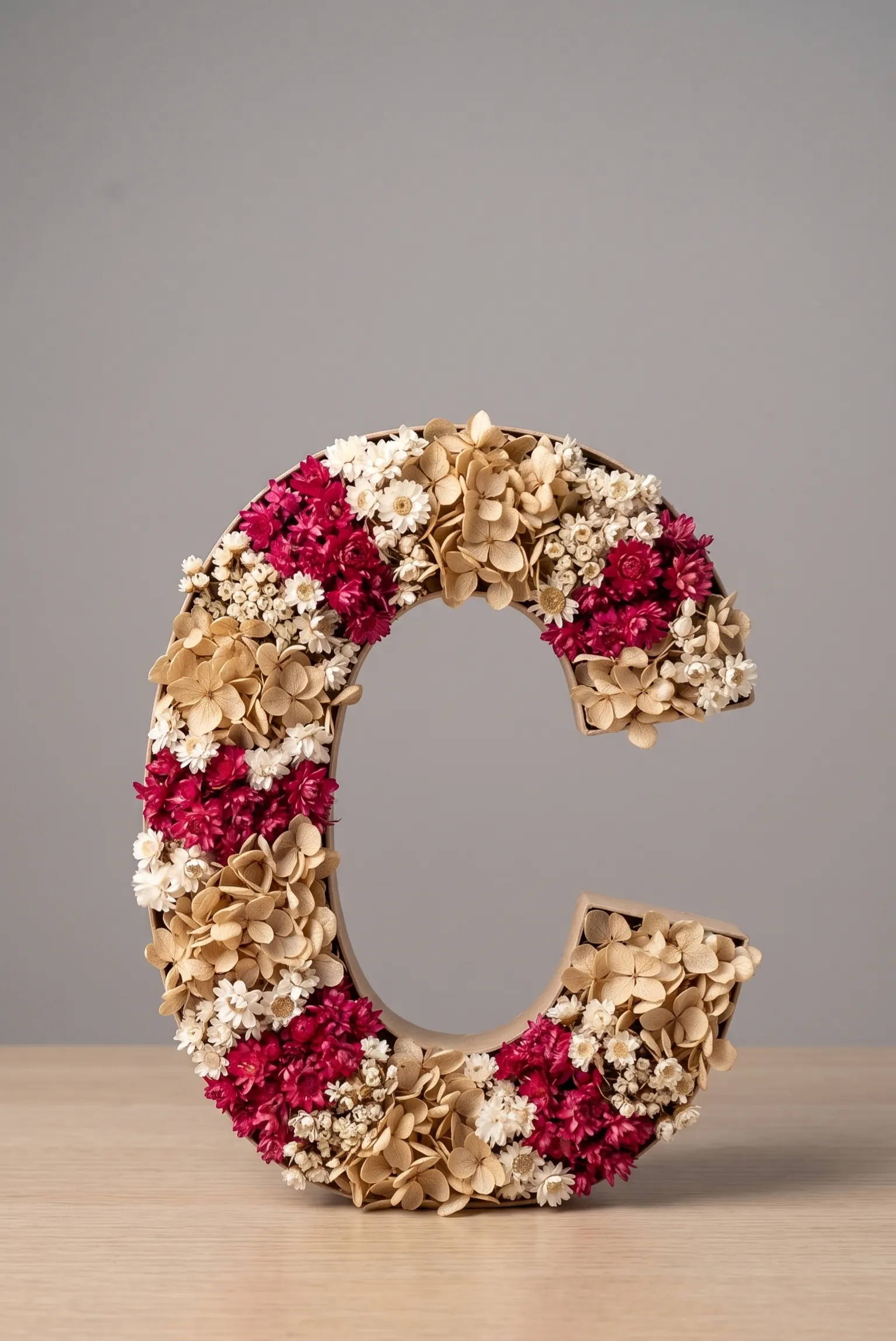 Inicial C de madera decorada artesanalmente con flores preservadas en tonos rosas y lavanda para regalo de decoración