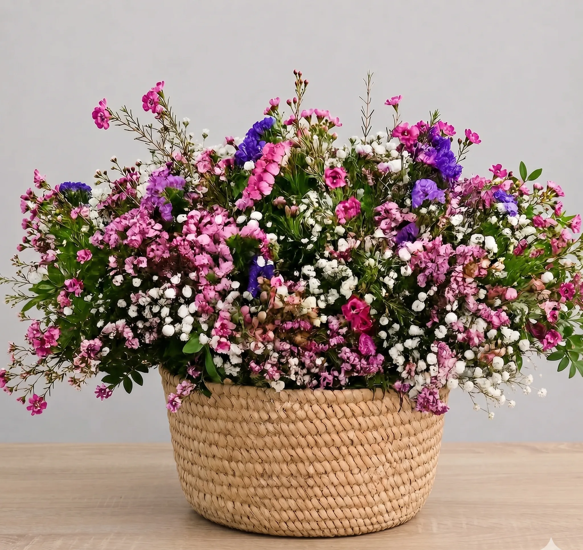 Cesta de mimbre rústica con un arreglo de flores secas silvestres naturales y botánicas para centros de mesa