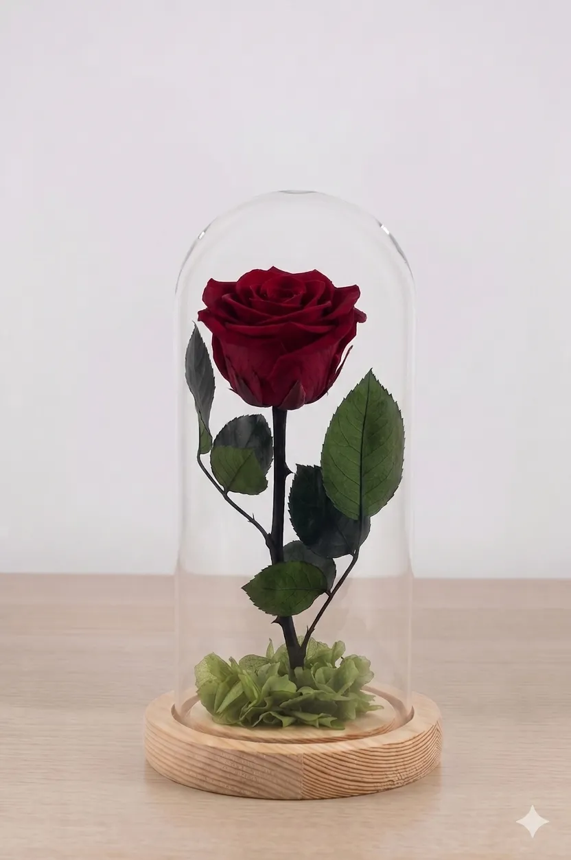 Rosa roja natural preservada eterna dentro de una cúpula de cristal de alta calidad sobre base de madera